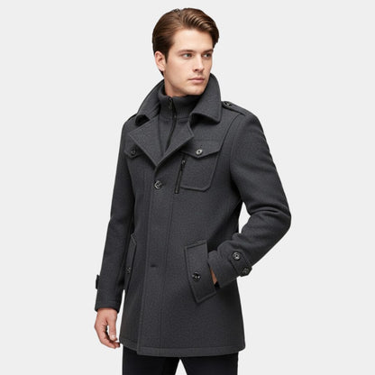 Men’s Wool Coat With Stand Collar and Zip Fastening