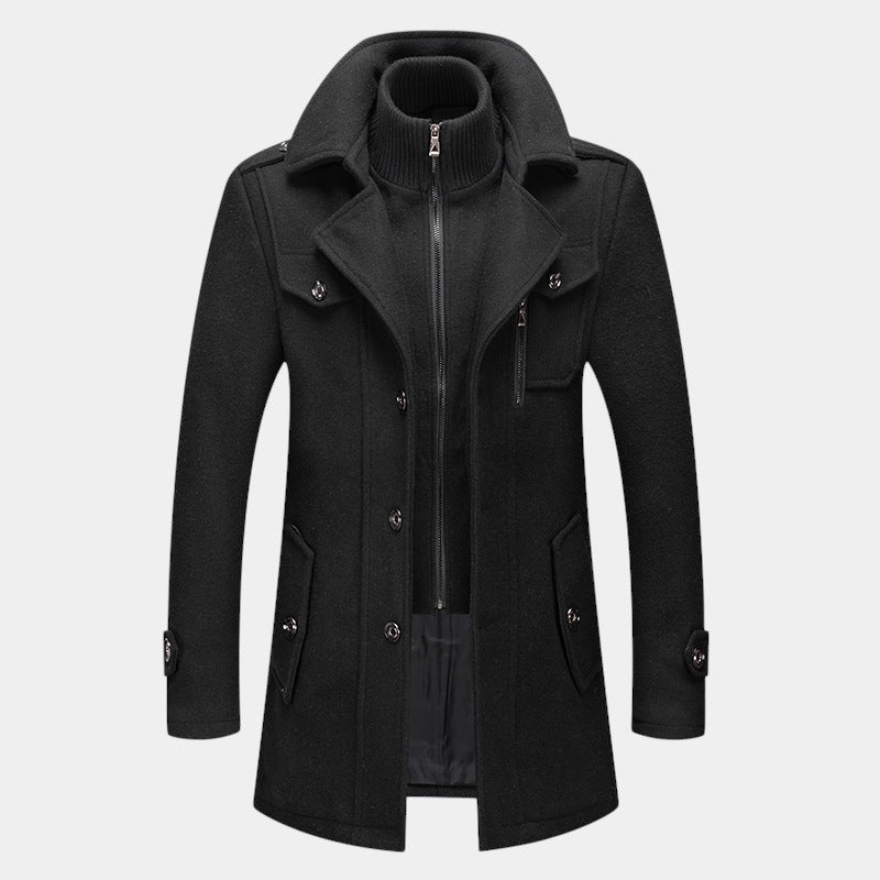 Men’s Wool Coat With Stand Collar and Zip Fastening