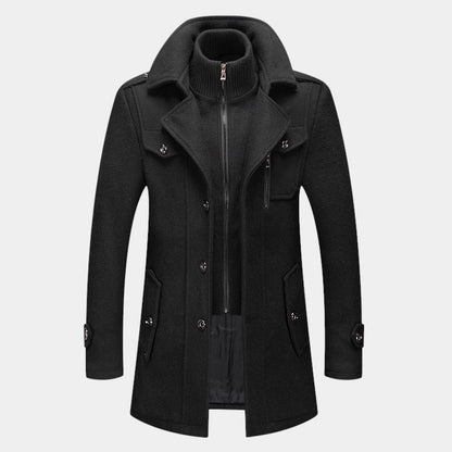 Men’s Wool Coat With Stand Collar and Zip Fastening