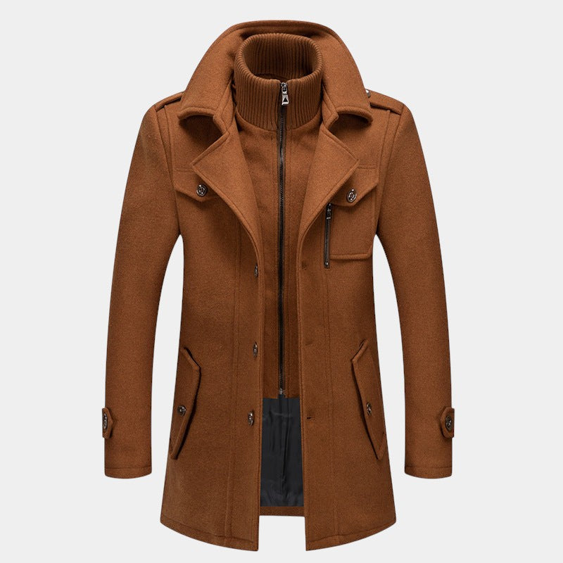 Men’s Wool Coat With Stand Collar and Zip Fastening