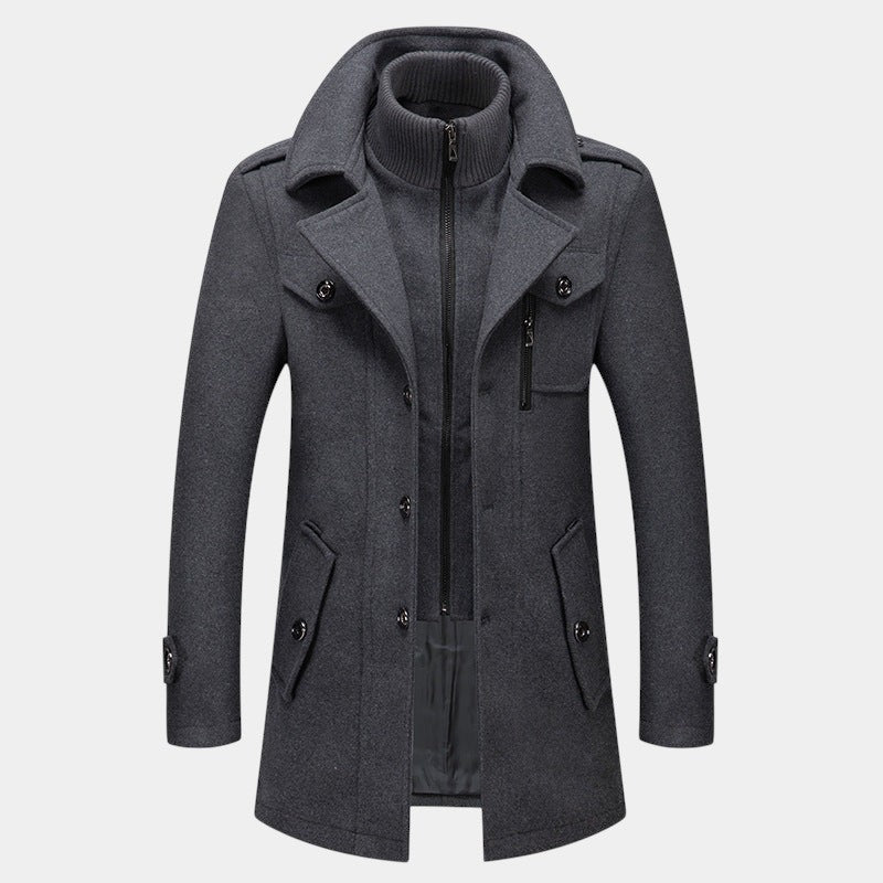 Men’s Wool Coat With Stand Collar and Zip Fastening