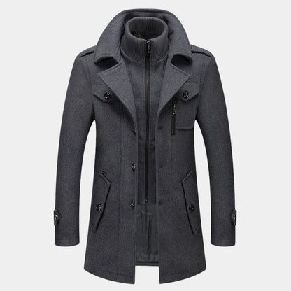 Men’s Wool Coat With Stand Collar and Zip Fastening
