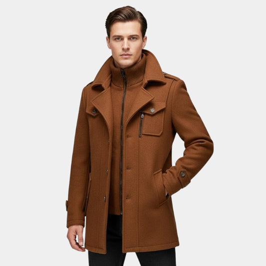 Men’s Wool Coat With Stand Collar and Zip Fastening