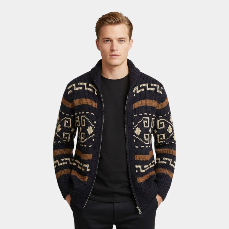 Men’s Wool Knit Cardigan With Zipper and Turn-Down Collar