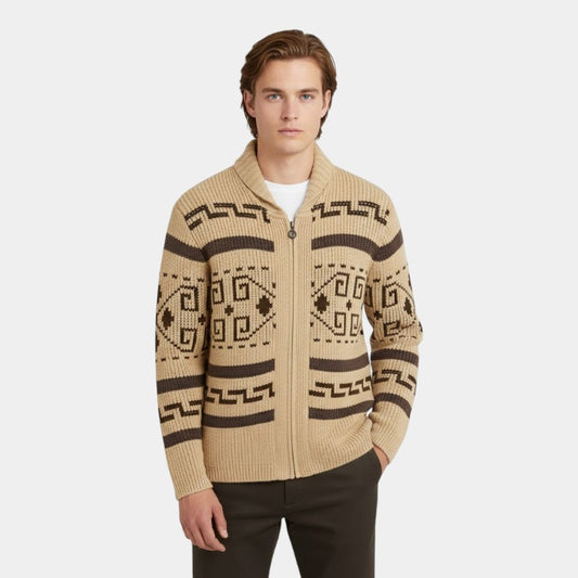 Men’s Wool Knit Cardigan With Zipper and Turn-Down Collar