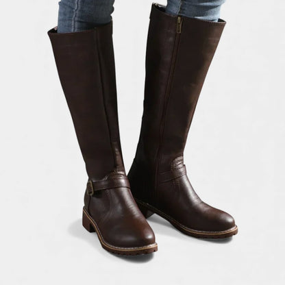 Women’s Knee High Boots With Buckle Strap and Low Block Heel