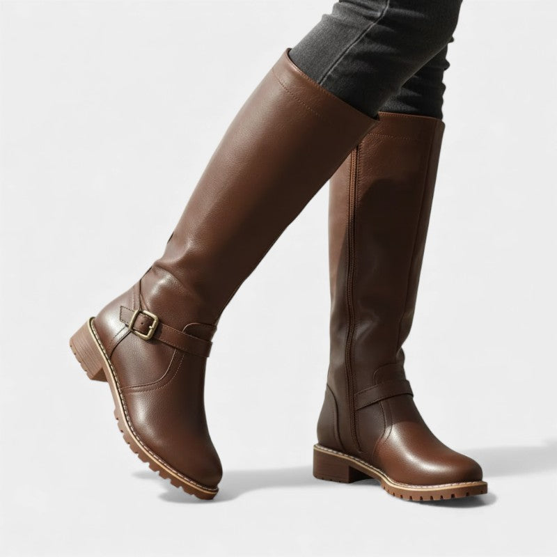 Women’s Knee High Boots With Buckle Strap and Low Block Heel