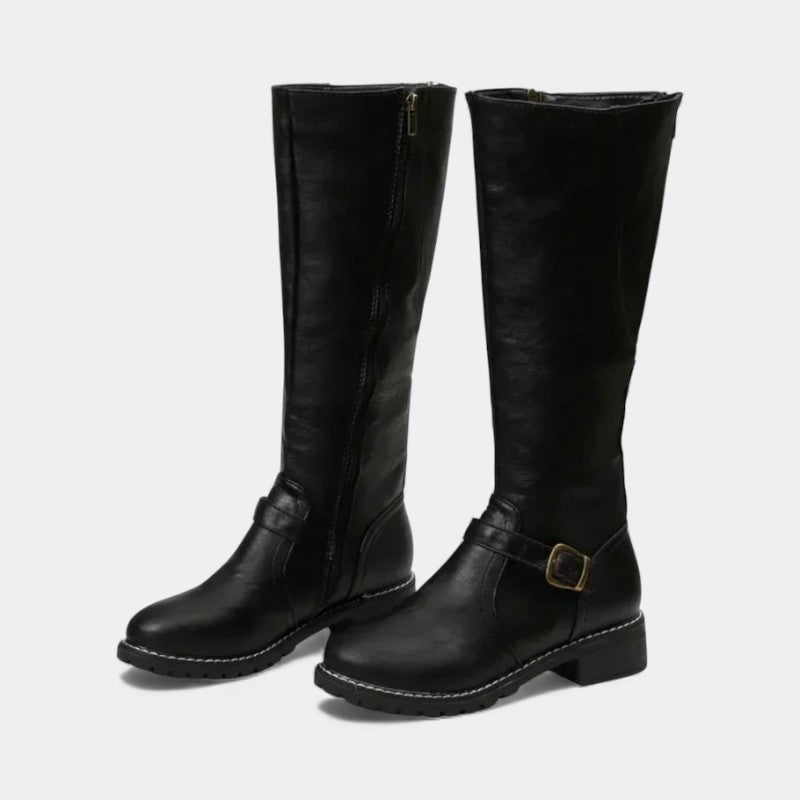 Women’s Knee High Boots With Buckle Strap and Low Block Heel
