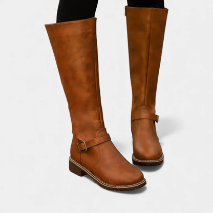 Women’s Knee High Boots With Buckle Strap and Low Block Heel