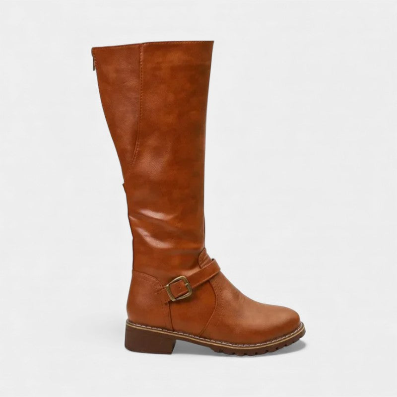 Women’s Knee High Boots With Buckle Strap and Low Block Heel
