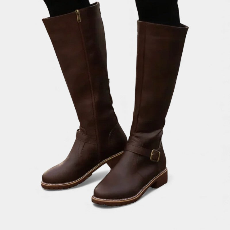 Women’s Knee High Boots With Buckle Strap and Low Block Heel