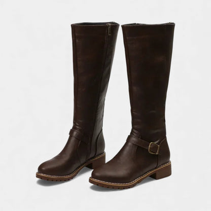 Women’s Knee High Boots With Buckle Strap and Low Block Heel