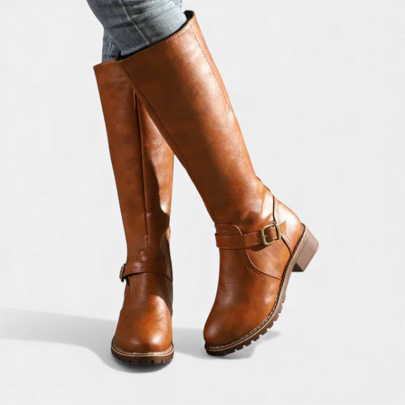 Women’s Knee High Boots With Buckle Strap and Low Block Heel