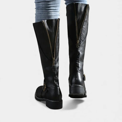 Women’s Knee High Boots With Buckle Strap and Low Block Heel