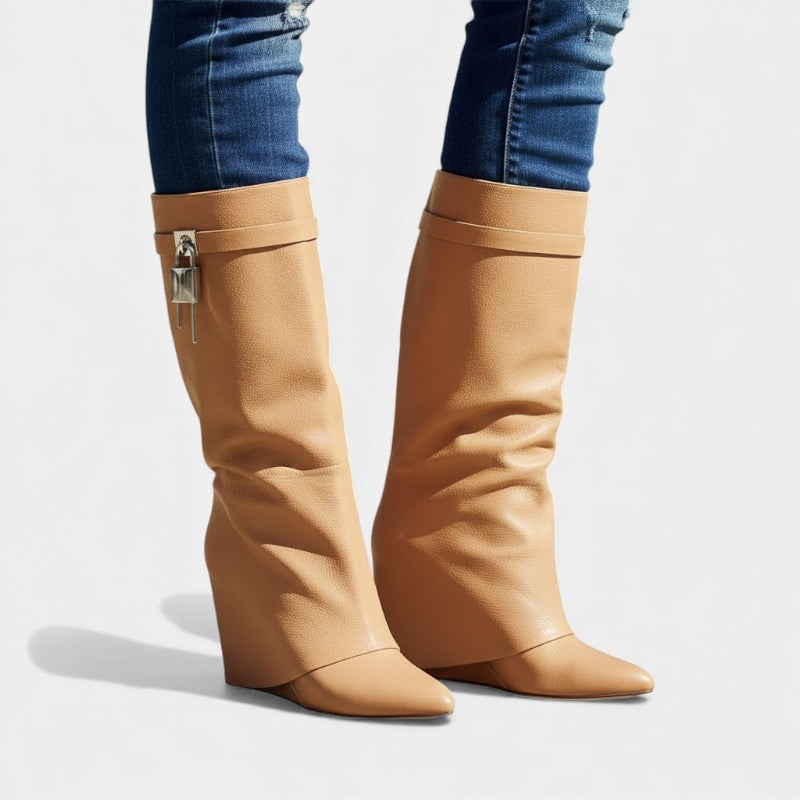 Women’s Knee High Boots With Overlay Panel and Pointed Toe