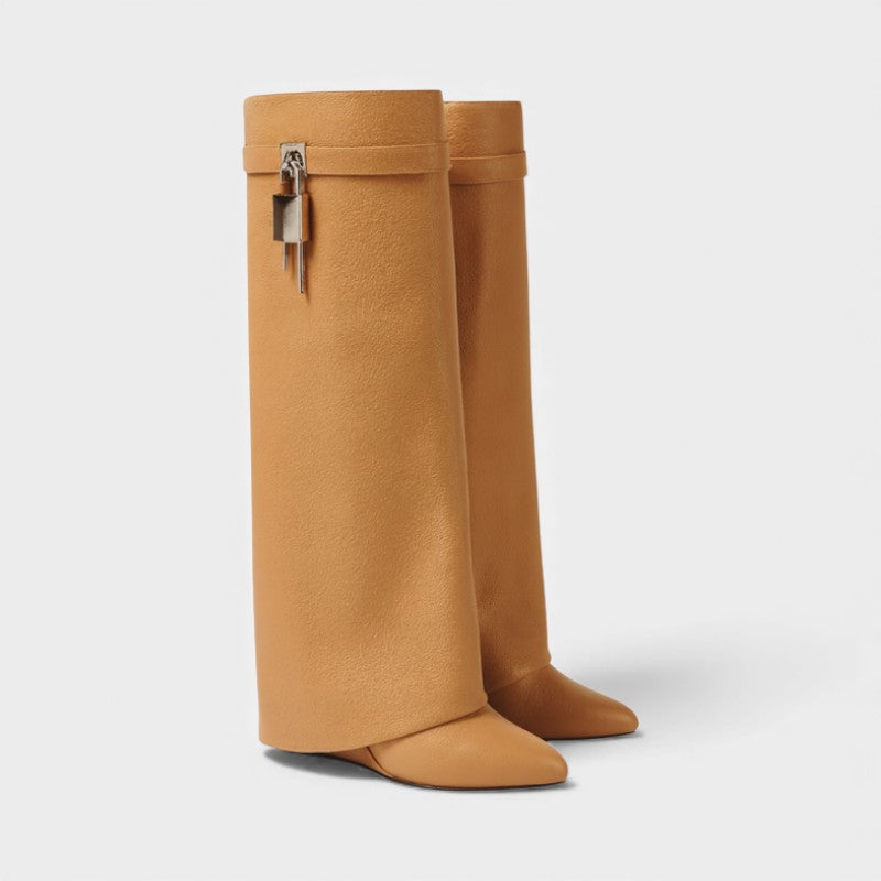 Women’s Knee High Boots With Overlay Panel and Pointed Toe