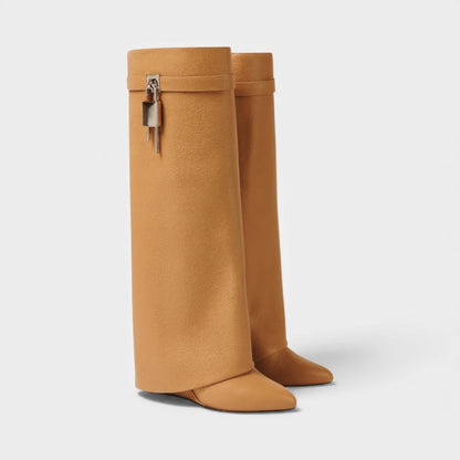 Women’s Knee High Boots With Overlay Panel and Pointed Toe