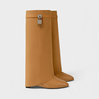 Women’s Knee High Boots With Overlay Panel and Pointed Toe