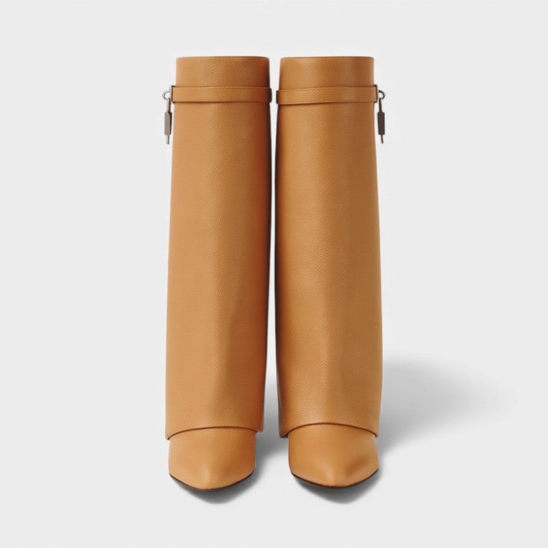 Women’s Knee High Boots With Overlay Panel and Pointed Toe
