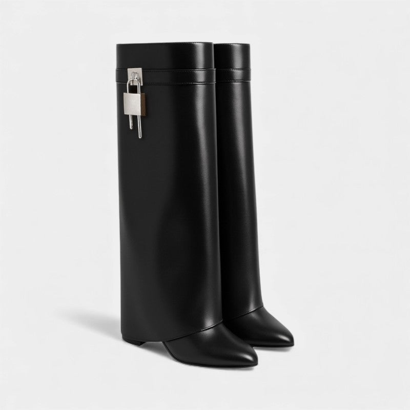 Women’s Knee High Boots With Overlay Panel and Pointed Toe