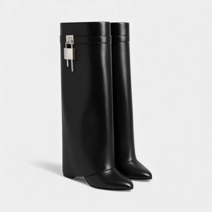 Women’s Knee High Boots With Overlay Panel and Pointed Toe