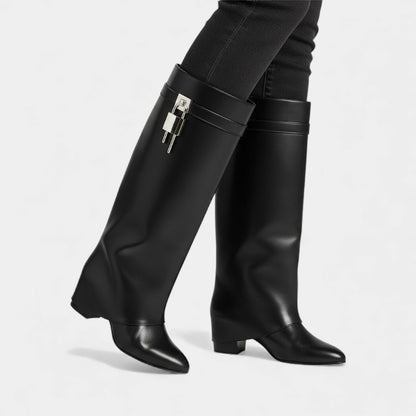 Women’s Knee High Boots With Overlay Panel and Pointed Toe