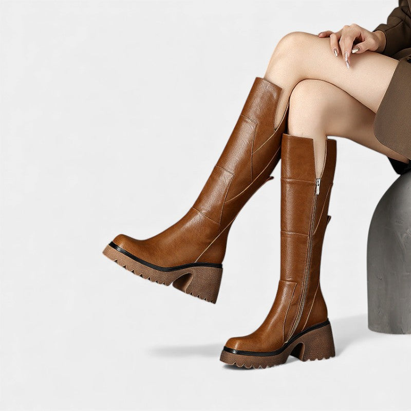 Women’s Knee High Boots With Side Zip and Chunky Platform Sole