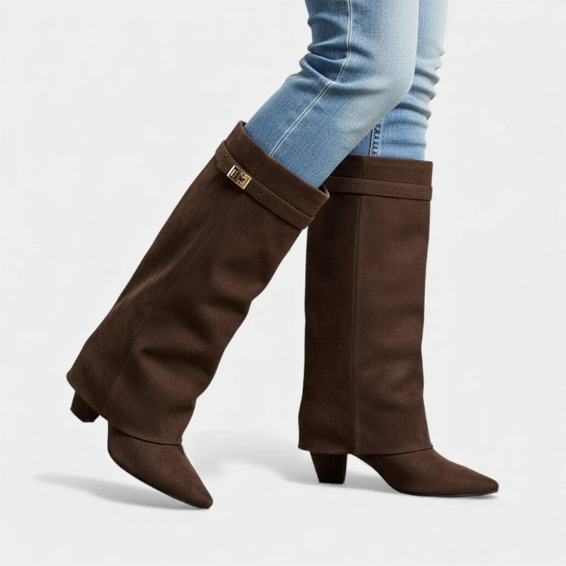 Women’s Knee High Boots With Wide Flare Top and Low Block Heel