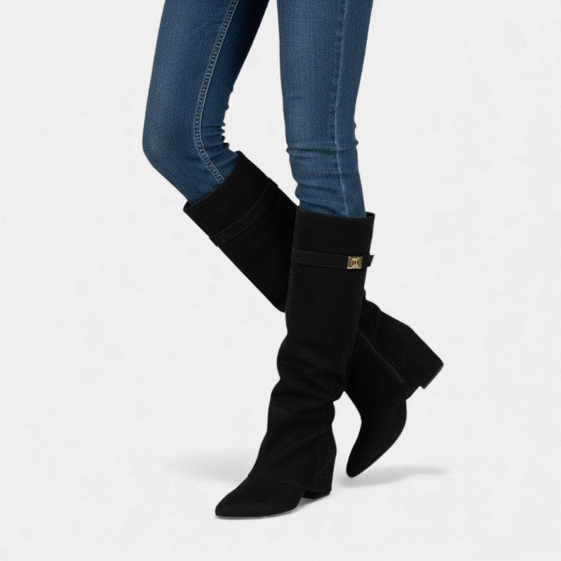 Women’s Knee High Boots With Wide Flare Top and Low Block Heel