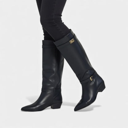 Women’s Knee High Boots With Wide Flare Top and Low Block Heel