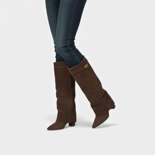 Women’s Knee High Boots With Wide Flare Top and Low Block Heel