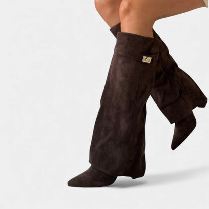 Women’s Knee High Boots With Wide Flare Top and Pointed Toe
