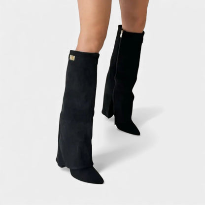 Women’s Knee High Boots With Wide Flare Top and Pointed Toe