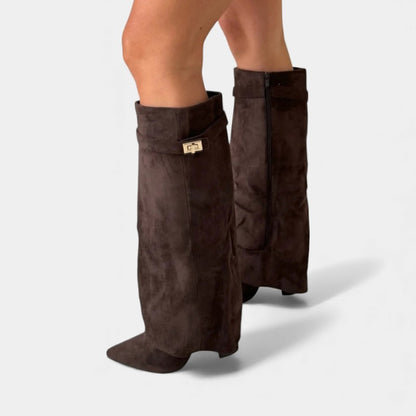 Women’s Knee High Boots With Wide Flare Top and Pointed Toe