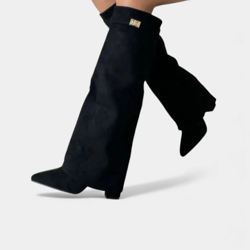 Women’s Knee High Boots With Wide Flare Top and Pointed Toe
