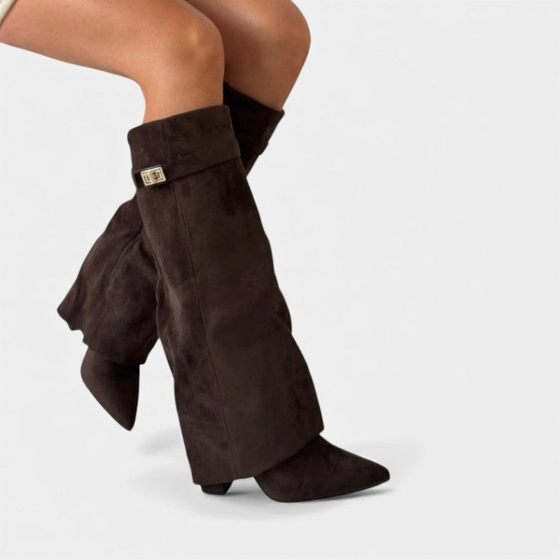 Women’s Knee High Boots With Wide Flare Top and Pointed Toe