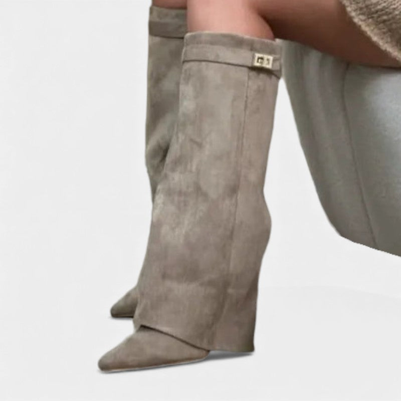 Women’s Knee High Boots With Wide Flare Top and Pointed Toe