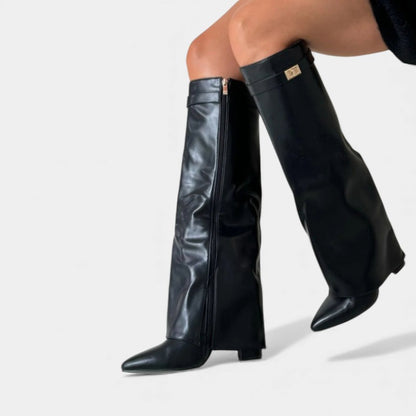 Women’s Knee High Boots With Wide Flare Top and Pointed Toe