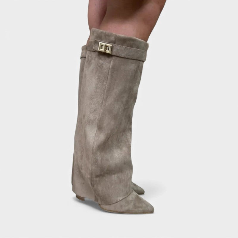 Women’s Knee High Boots With Wide Flare Top and Pointed Toe