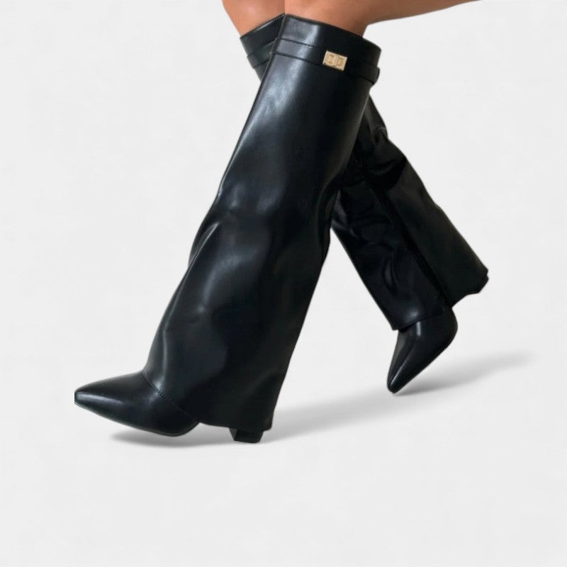 Women’s Knee High Boots With Wide Flare Top and Pointed Toe