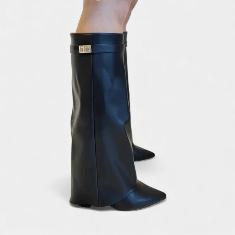 Women’s Knee High Boots With Wide Flare Top and Pointed Toe