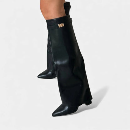 Women’s Knee High Boots With Wide Flare Top and Pointed Toe