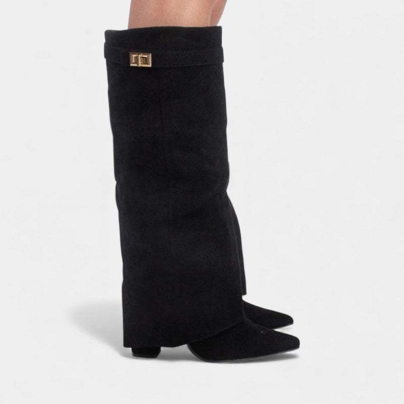 Women’s Knee High Boots With Wide Flare Top and Pointed Toe