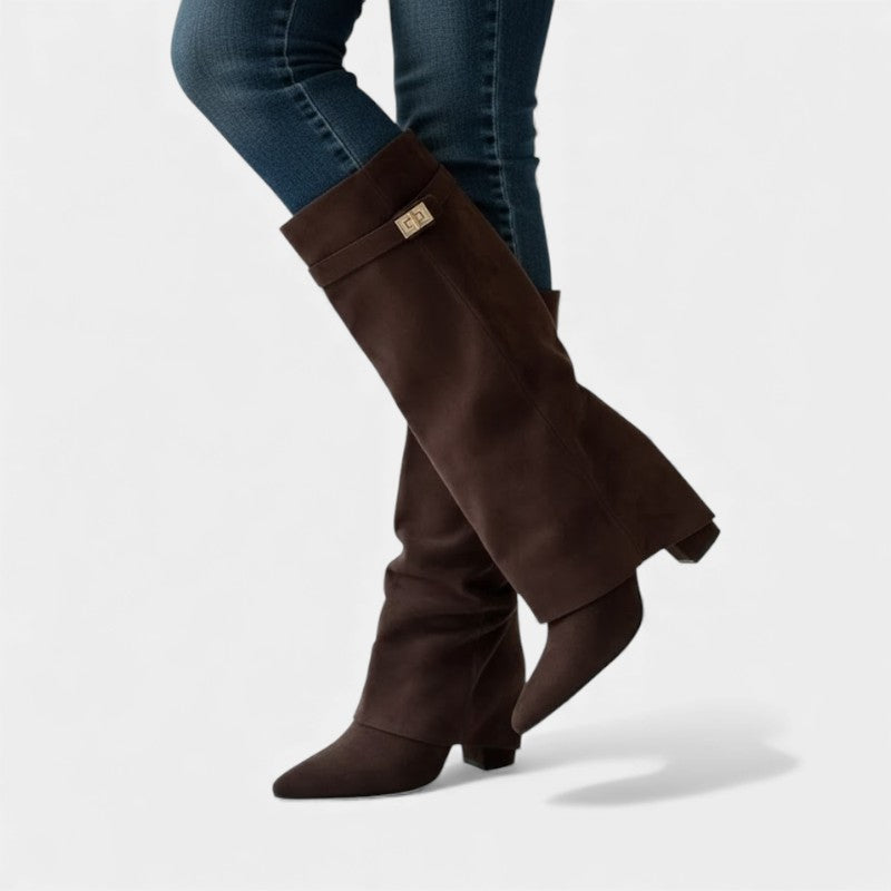 Women’s Knee High Boots With Wide Flare Top and Pointed Toe