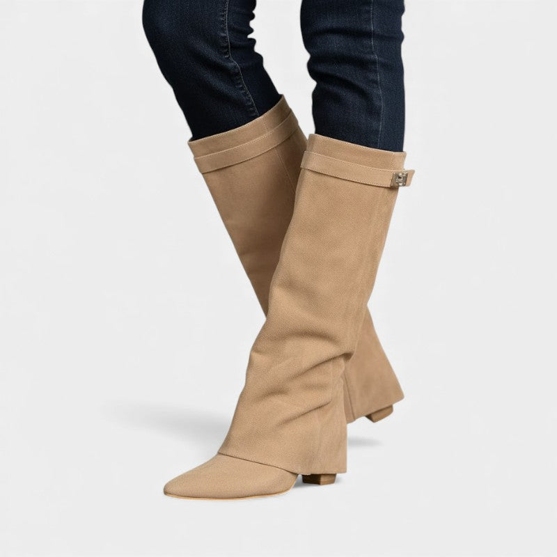 Women’s Knee High Boots With Wide Flare Top and Pointed Toe
