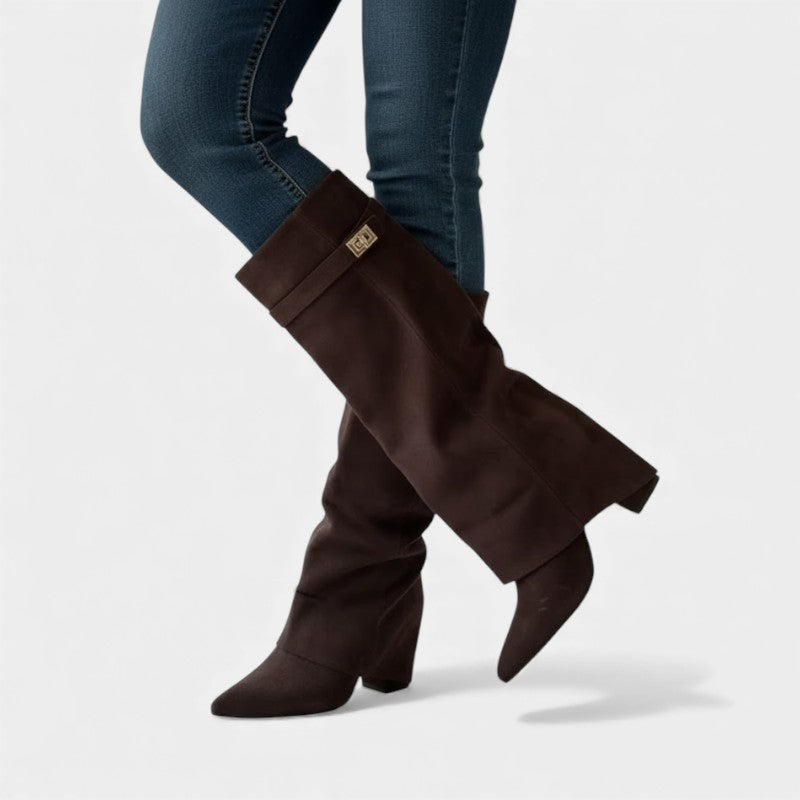 Women’s Knee High Boots With Wide Flare Top and Pointed Toe