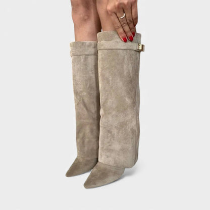 Women’s Knee High Boots With Wide Flare Top and Pointed Toe