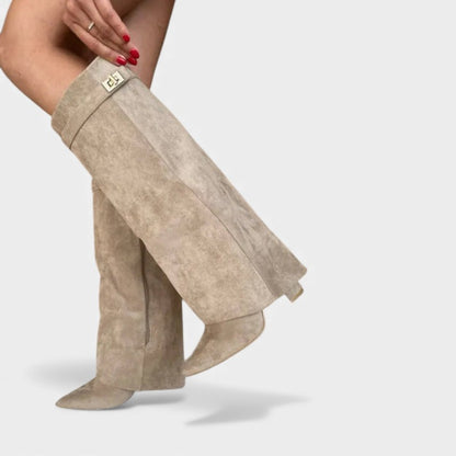 Women’s Knee High Boots With Wide Flare Top and Pointed Toe