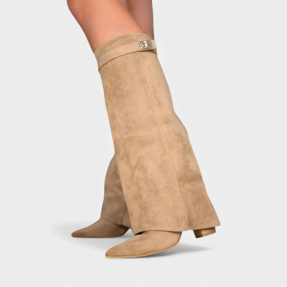 Women’s Knee High Boots With Wide Flare Top and Pointed Toe