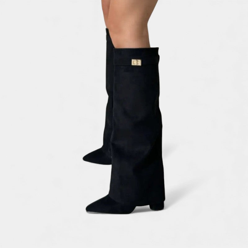 Women’s Knee High Boots With Wide Flare Top and Pointed Toe